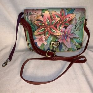 NWT ANUSCHKA Crossbody Shoulder Bag Purse Handbag Primarily Black Floral Leather